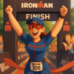 Vrouw die over de finish van een hele Ironman triathlon rent.