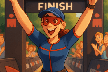 Vrouw die over de finish van een hele Ironman triathlon rent.